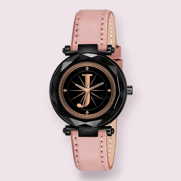 Sky_Mart_Alphabet_J_Classic_Style_Analog_Wrist_Watch_With_Round_Black_Dial_And_Peach_Leather_Strap_New_Arrival_For_Women_And_Girls