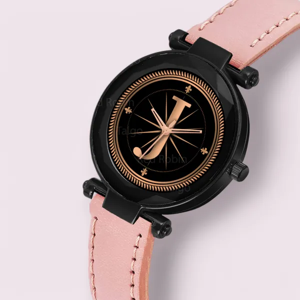 Sky_Mart_Alphabet_J_Classic_Style_Analog_Wrist_Watch_With_Round_Black_Dial_And_Peach_Leather_Strap_New_Arrival_For_Women_And_Girls