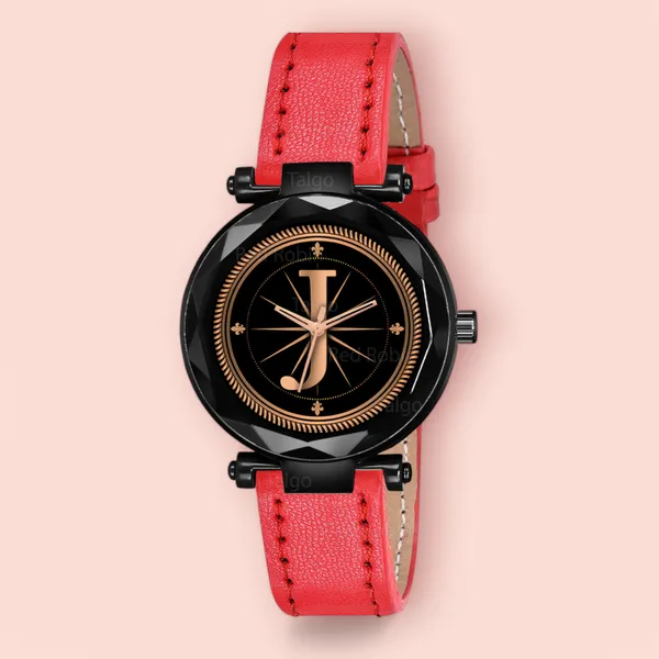 Sky_Mart_Alphabet_J_Classic_Style_Analog_Wrist_Watch_With_Round_Black_Dial_And_Red_Leather_Strap_New_Arrival_For_Women_And_Girls