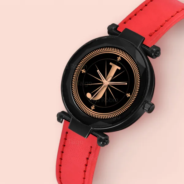 Sky_Mart_Alphabet_J_Classic_Style_Analog_Wrist_Watch_With_Round_Black_Dial_And_Red_Leather_Strap_New_Arrival_For_Women_And_Girls
