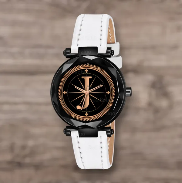 Sky_Mart_Alphabet_J_Classic_Style_Analog_Wrist_Watch_With_Round_Black_Dial_And_White_Leather_Strap_New_Arrival_For_Women_And_Girls