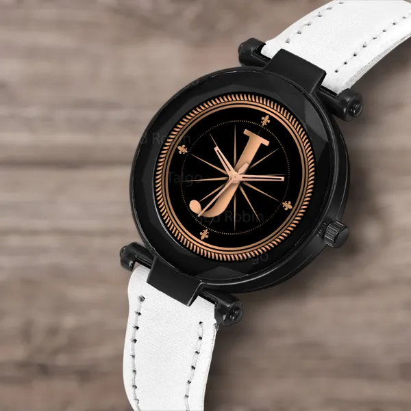 Sky_Mart_Alphabet_J_Classic_Style_Analog_Wrist_Watch_With_Round_Black_Dial_And_White_Leather_Strap_New_Arrival_For_Women_And_Girls