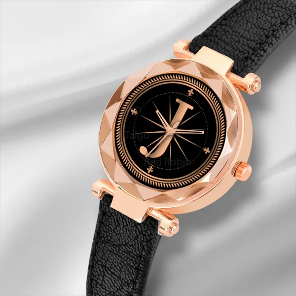 Sky_Mart_Alphabet_J_Classic_Style_Analog_Wrist_Watch_With_Round_Black_Dial_And_Black_Leather_Strap_New_Arrival_For_Women_And_Girls