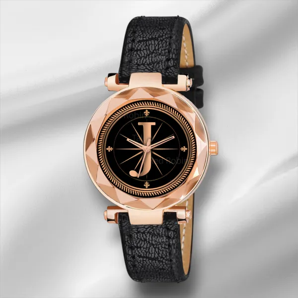 Sky_Mart_Alphabet_J_Classic_Style_Analog_Wrist_Watch_With_Round_Black_Dial_And_Black_Leather_Strap_New_Arrival_For_Women_And_Girls