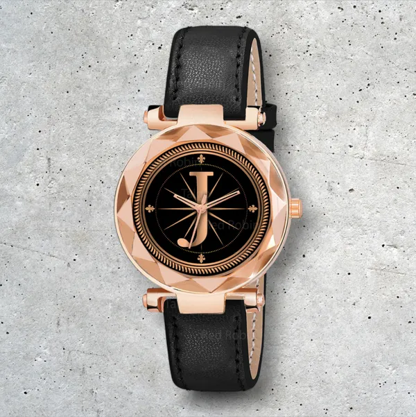 Sky_Mart_Alphabet_J_Classic_Style_Analog_Wrist_Watch_With_Round_Black_Dial_And_Black_Leather_Strap_New_Arrival_For_Women_And_Girls
