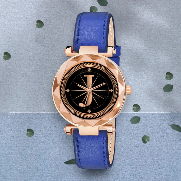 Sky_Mart_Alphabet_J_Classic_Style_Analog_Wrist_Watch_With_Round_Black_Dial_And_Blue_Leather_Strap_New_Arrival_For_Women_And_Girls