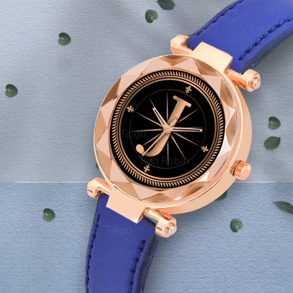 Sky_Mart_Alphabet_J_Classic_Style_Analog_Wrist_Watch_With_Round_Black_Dial_And_Blue_Leather_Strap_New_Arrival_For_Women_And_Girls