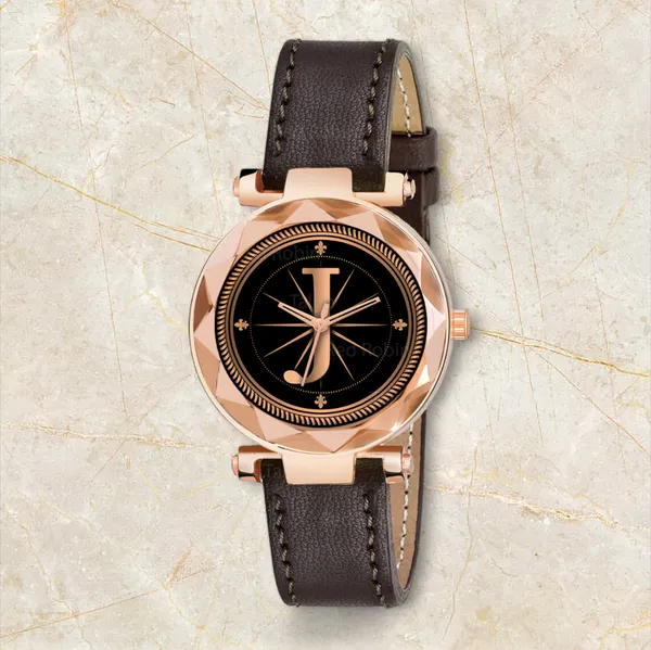 Sky_Mart_Alphabet_J_Classic_Style_Analog_Wrist_Watch_With_Round_Black_Dial_And_Brown_Leather_Strap_New_Arrival_For_Women_And_Girls