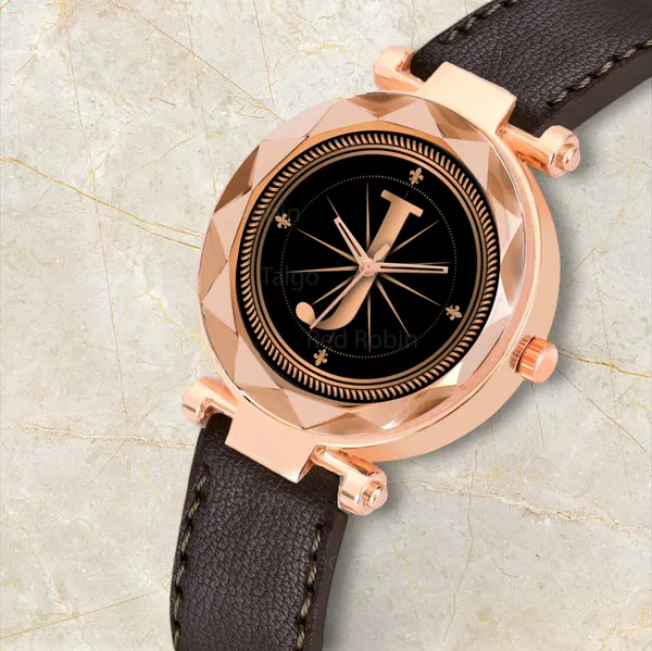 Sky_Mart_Alphabet_J_Classic_Style_Analog_Wrist_Watch_With_Round_Black_Dial_And_Brown_Leather_Strap_New_Arrival_For_Women_And_Girls