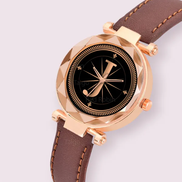 Sky_Mart_Alphabet_J_Classic_Style_Analog_Wrist_Watch_With_Round_Black_Dial_And_Brown_Leather_Strap_New_Arrival_For_Women_And_Girls