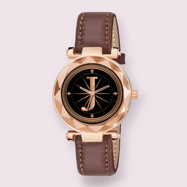 Sky_Mart_Alphabet_J_Classic_Style_Analog_Wrist_Watch_With_Round_Black_Dial_And_Brown_Leather_Strap_New_Arrival_For_Women_And_Girls