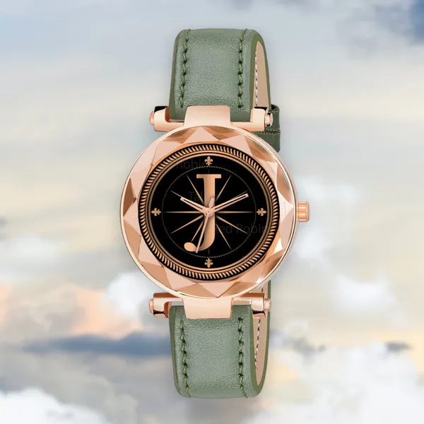 Sky_Mart_Alphabet_J_Classic_Style_Analog_Wrist_Watch_With_Round_Black_Dial_And_Green_Leather_Strap_New_Arrival_For_Women_And_Girls