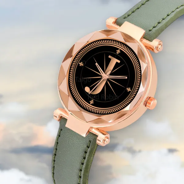Sky_Mart_Alphabet_J_Classic_Style_Analog_Wrist_Watch_With_Round_Black_Dial_And_Green_Leather_Strap_New_Arrival_For_Women_And_Girls