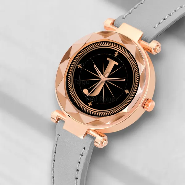 Sky_Mart_Alphabet_J_Classic_Style_Analog_Wrist_Watch_With_Round_Black_Dial_And_Grey_Leather_Strap_New_Arrival_For_Women_And_Girls