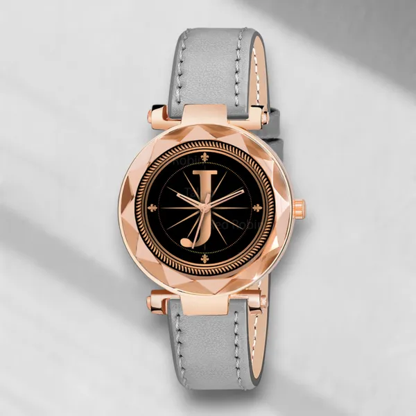 Sky_Mart_Alphabet_J_Classic_Style_Analog_Wrist_Watch_With_Round_Black_Dial_And_Grey_Leather_Strap_New_Arrival_For_Women_And_Girls