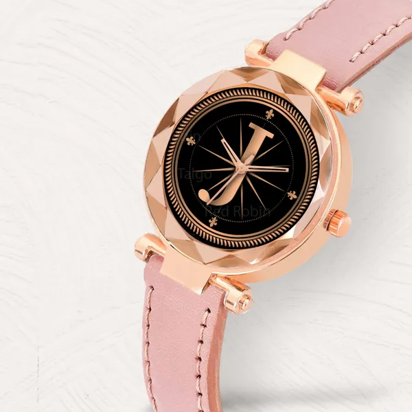 Sky_Mart_Alphabet_J_Classic_Style_Analog_Wrist_Watch_With_Round_Black_Dial_And_Peach_Leather_Strap_New_Arrival_For_Women_And_Girls