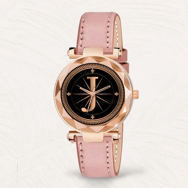 Sky_Mart_Alphabet_J_Classic_Style_Analog_Wrist_Watch_With_Round_Black_Dial_And_Peach_Leather_Strap_New_Arrival_For_Women_And_Girls