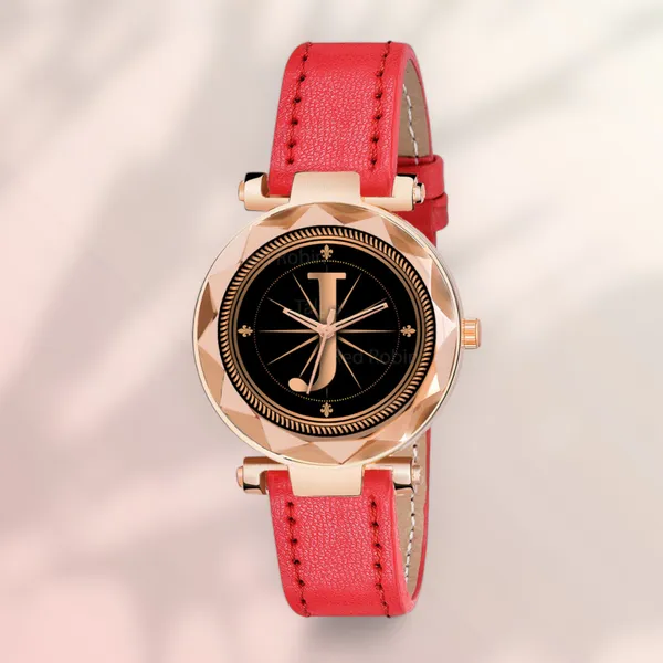 Sky_Mart_Alphabet_J_Classic_Style_Analog_Wrist_Watch_With_Round_Black_Dial_And_Red_Leather_Strap_New_Arrival_For_Women_And_Girls