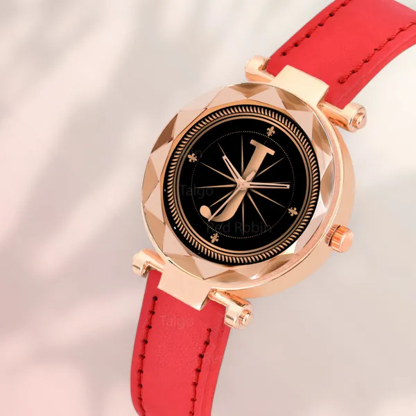 Sky_Mart_Alphabet_J_Classic_Style_Analog_Wrist_Watch_With_Round_Black_Dial_And_Red_Leather_Strap_New_Arrival_For_Women_And_Girls