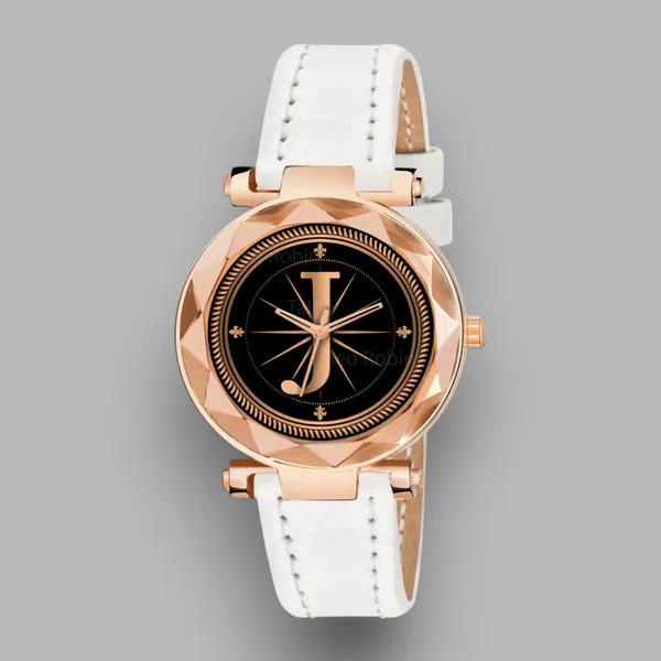 Sky_Mart_Alphabet_J_Classic_Style_Analog_Wrist_Watch_With_Round_Black_Dial_And_White_Leather_Strap_New_Arrival_For_Women_And_Girls