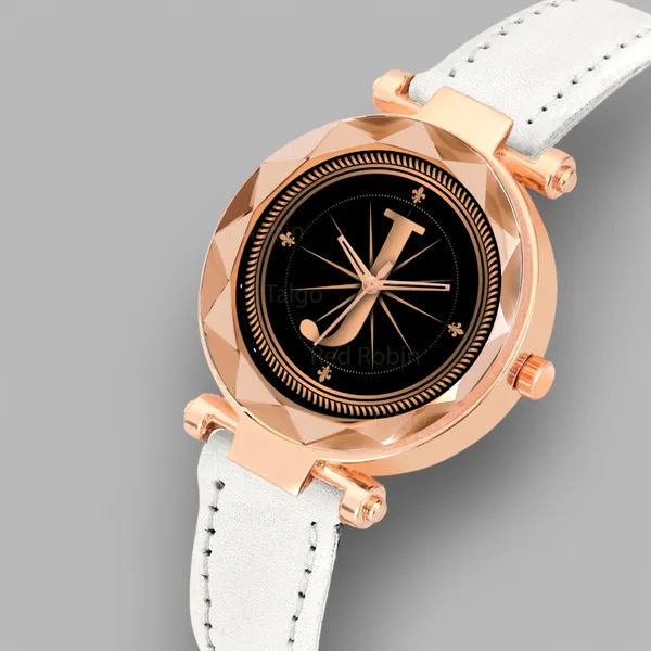 Sky_Mart_Alphabet_J_Classic_Style_Analog_Wrist_Watch_With_Round_Black_Dial_And_White_Leather_Strap_New_Arrival_For_Women_And_Girls