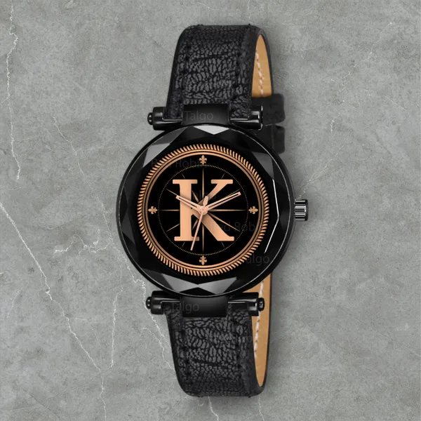Sky_Mart_Alphabet_K_Stylish_New_Arrival_Analog_Watch_Trendy_Round_Black_Dial_And_Black_Leather_Strap_For_Women_And_Girls