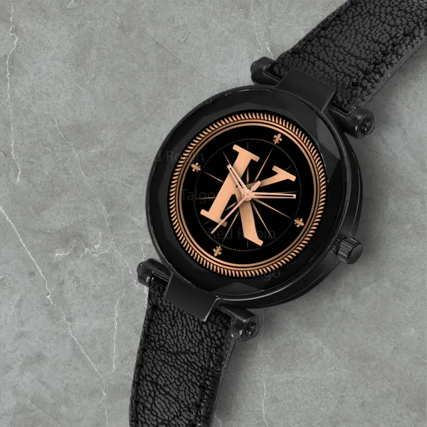 Sky_Mart_Alphabet_K_Stylish_New_Arrival_Analog_Watch_Trendy_Round_Black_Dial_And_Black_Leather_Strap_For_Women_And_Girls