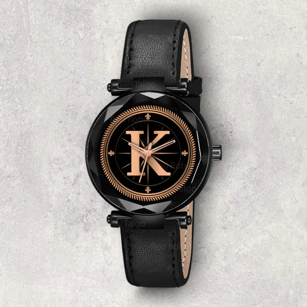 Sky_Mart_Alphabet_K_Stylish_New_Arrival_Analog_Watch_Trendy_Round_Black_Dial_And_Black_Leather_Strap_For_Women_And_Girls