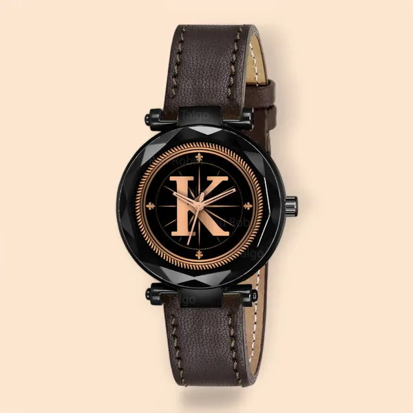 Sky_Mart_Alphabet_K_Stylish_New_Arrival_Analog_Watch_Trendy_Round_Black_Dial_And_Brown_Leather_Strap_For_Women_And_Girls