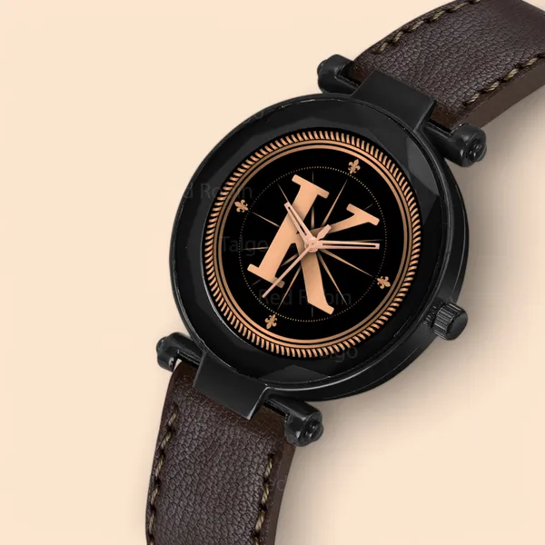 Sky_Mart_Alphabet_K_Stylish_New_Arrival_Analog_Watch_Trendy_Round_Black_Dial_And_Brown_Leather_Strap_For_Women_And_Girls