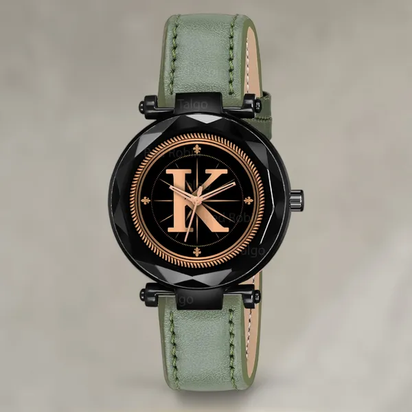 Sky_Mart_Alphabet_K_Stylish_New_Arrival_Analog_Watch_Trendy_Round_Black_Dial_And_Green_Leather_Strap_For_Women_And_Girls