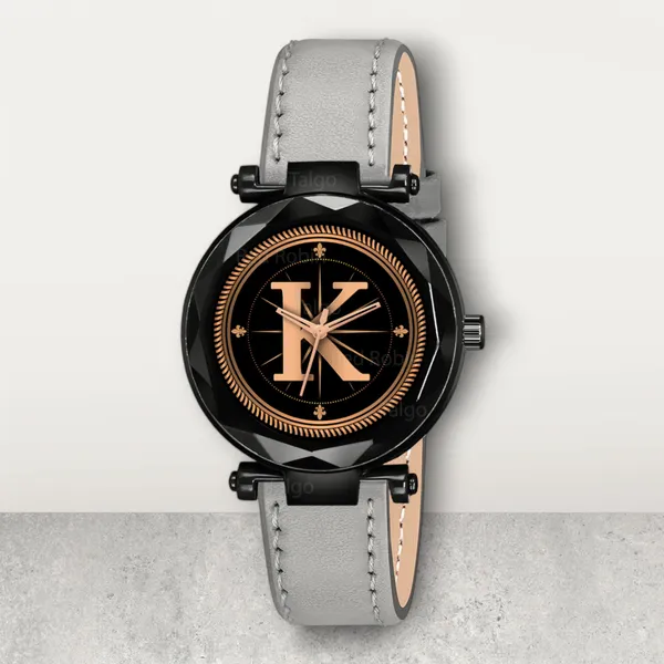 Sky_Mart_Alphabet_K_Stylish_New_Arrival_Analog_Watch_Trendy_Round_Black_Dial_And_Grey_Leather_Strap_For_Women_And_Girls