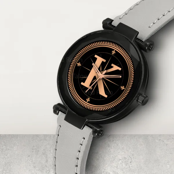 Sky_Mart_Alphabet_K_Stylish_New_Arrival_Analog_Watch_Trendy_Round_Black_Dial_And_Grey_Leather_Strap_For_Women_And_Girls