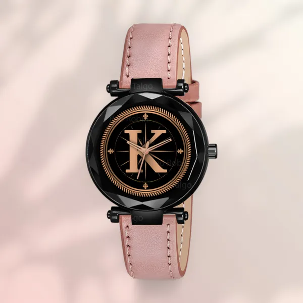 Sky_Mart_Alphabet_K_Stylish_New_Arrival_Analog_Watch_Trendy_Round_Black_Dial_And_Peach_Leather_Strap_For_Women_And_Girls