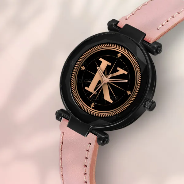 Sky_Mart_Alphabet_K_Stylish_New_Arrival_Analog_Watch_Trendy_Round_Black_Dial_And_Peach_Leather_Strap_For_Women_And_Girls
