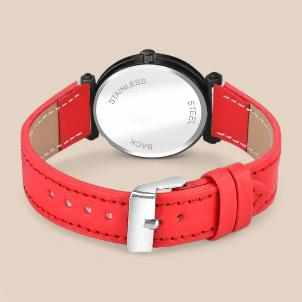 Sky_Mart_Alphabet_K_Stylish_New_Arrival_Analog_Watch_Trendy_Round_Black_Dial_And_Red_Leather_Strap_For_Women_And_Girls