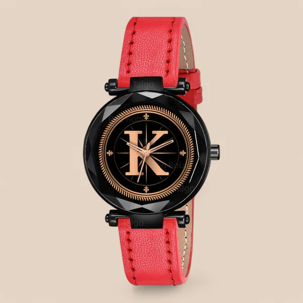 Sky_Mart_Alphabet_K_Stylish_New_Arrival_Analog_Watch_Trendy_Round_Black_Dial_And_Red_Leather_Strap_For_Women_And_Girls