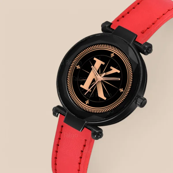 Sky_Mart_Alphabet_K_Stylish_New_Arrival_Analog_Watch_Trendy_Round_Black_Dial_And_Red_Leather_Strap_For_Women_And_Girls