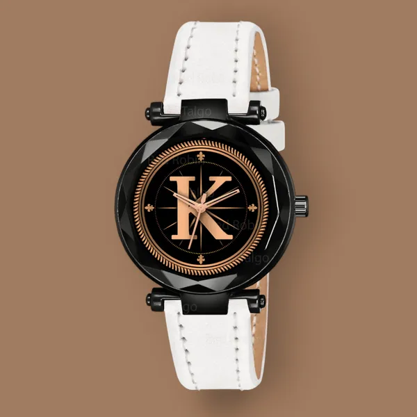 Sky_Mart_Alphabet_K_Stylish_New_Arrival_Analog_Watch_Trendy_Round_Black_Dial_And_White_Leather_Strap_For_Women_And_Girls