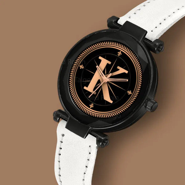 Sky_Mart_Alphabet_K_Stylish_New_Arrival_Analog_Watch_Trendy_Round_Black_Dial_And_White_Leather_Strap_For_Women_And_Girls