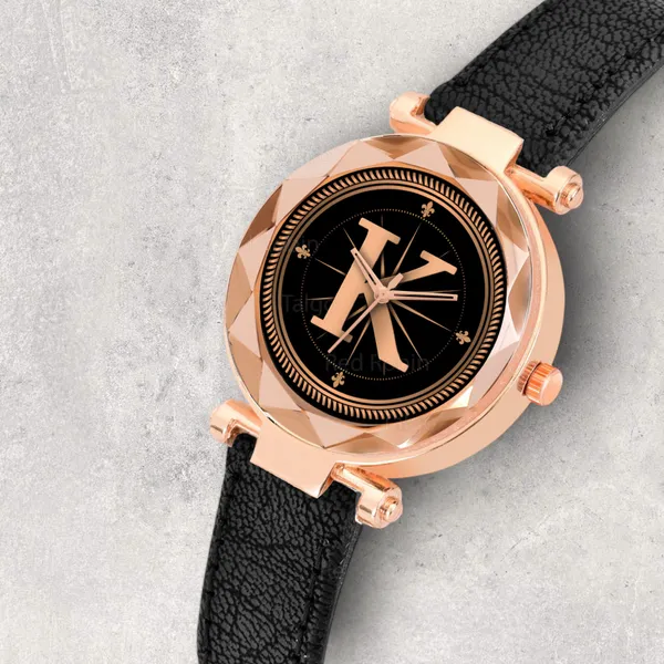 Sky_Mart_Alphabet_K_Stylish_New_Arrival_Analog_Watch_Trendy_Round_Black_Dial_And_Black_Leather_Strap_For_Women_And_Girls