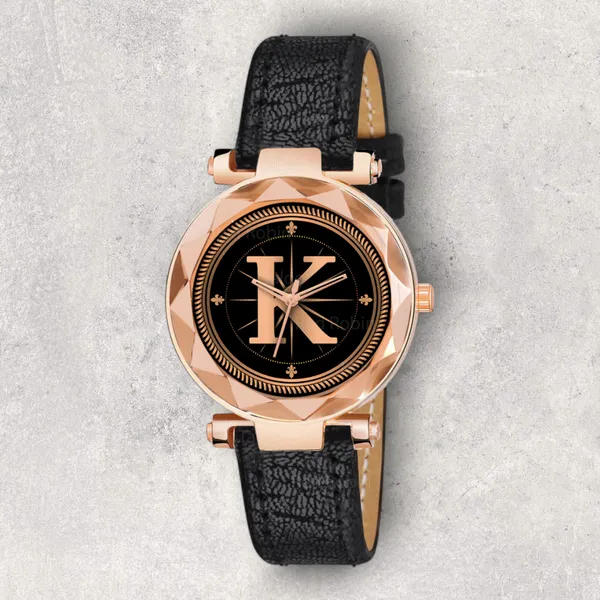 Sky_Mart_Alphabet_K_Stylish_New_Arrival_Analog_Watch_Trendy_Round_Black_Dial_And_Black_Leather_Strap_For_Women_And_Girls