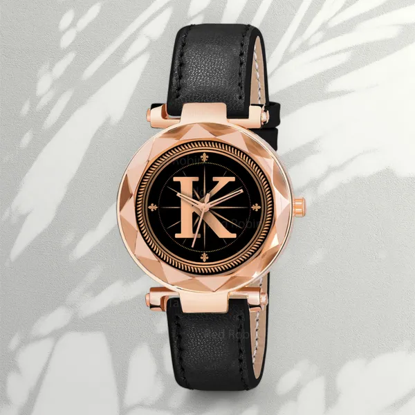 Sky_Mart_Alphabet_K_Stylish_New_Arrival_Analog_Watch_Trendy_Round_Black_Dial_And_Black_Leather_Strap_For_Women_And_Girls