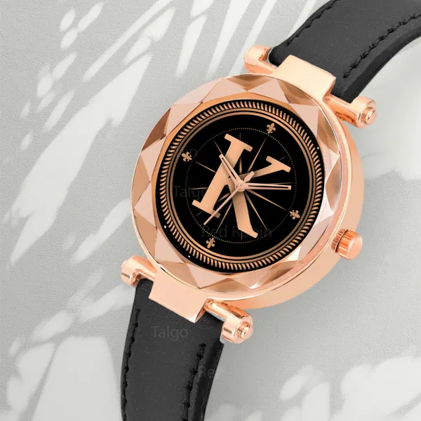 Sky_Mart_Alphabet_K_Stylish_New_Arrival_Analog_Watch_Trendy_Round_Black_Dial_And_Black_Leather_Strap_For_Women_And_Girls