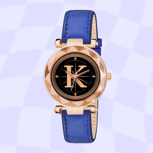 Sky_Mart_Alphabet_K_Stylish_New_Arrival_Analog_Watch_Trendy_Round_Black_Dial_And_Blue_Leather_Strap_For_Women_And_Girls
