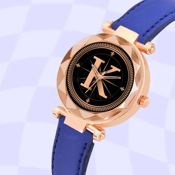 Sky_Mart_Alphabet_K_Stylish_New_Arrival_Analog_Watch_Trendy_Round_Black_Dial_And_Blue_Leather_Strap_For_Women_And_Girls