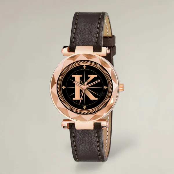 Sky_Mart_Alphabet_K_Stylish_New_Arrival_Analog_Watch_Trendy_Round_Black_Dial_And_Brown_Leather_Strap_For_Women_And_Girls