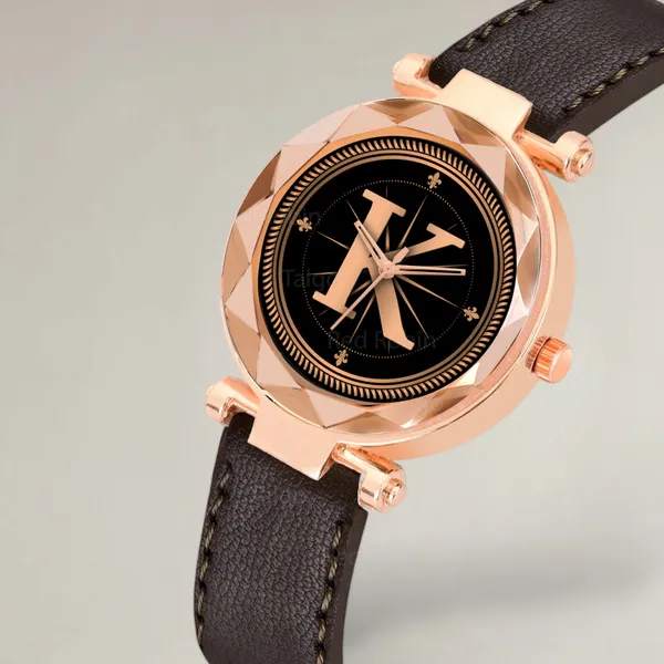 Sky_Mart_Alphabet_K_Stylish_New_Arrival_Analog_Watch_Trendy_Round_Black_Dial_And_Brown_Leather_Strap_For_Women_And_Girls