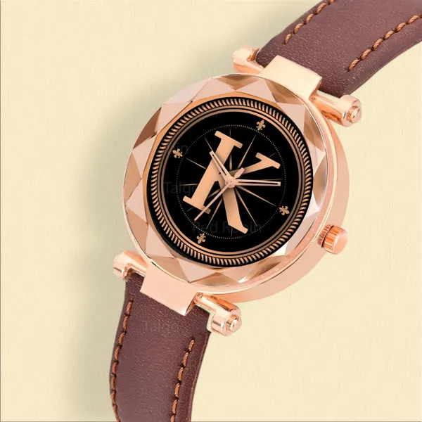 Sky_Mart_Alphabet_K_Stylish_New_Arrival_Analog_Watch_Trendy_Round_Black_Dial_And_Brown_Leather_Strap_For_Women_And_Girls