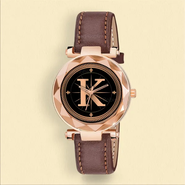 Sky_Mart_Alphabet_K_Stylish_New_Arrival_Analog_Watch_Trendy_Round_Black_Dial_And_Brown_Leather_Strap_For_Women_And_Girls